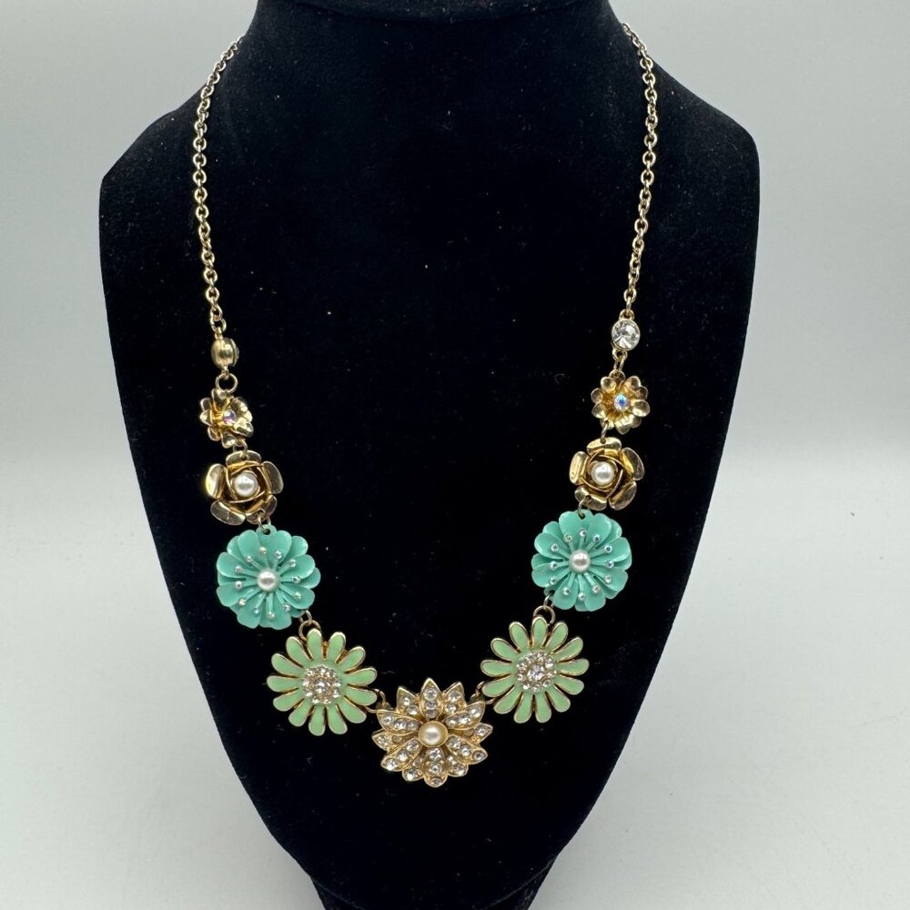 Claires Gold-Tone Floral Statement Necklace With Green Enamel & Crystal Accents